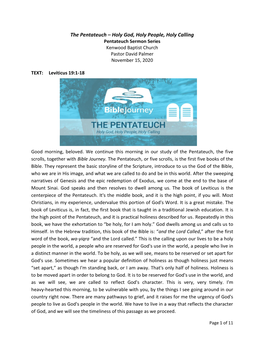 The Pentateuch – Holy God, Holy People, Holy Calling Pentateuch Sermon Series Kenwood Baptist Church Pastor David Palmer November 15, 2020