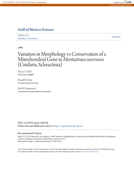 Variation in Morphology Vs Conservation of a Mitochondrial Gene in Montastraea Cavernosa (Cnidaria, Scleractinia) Tonya L