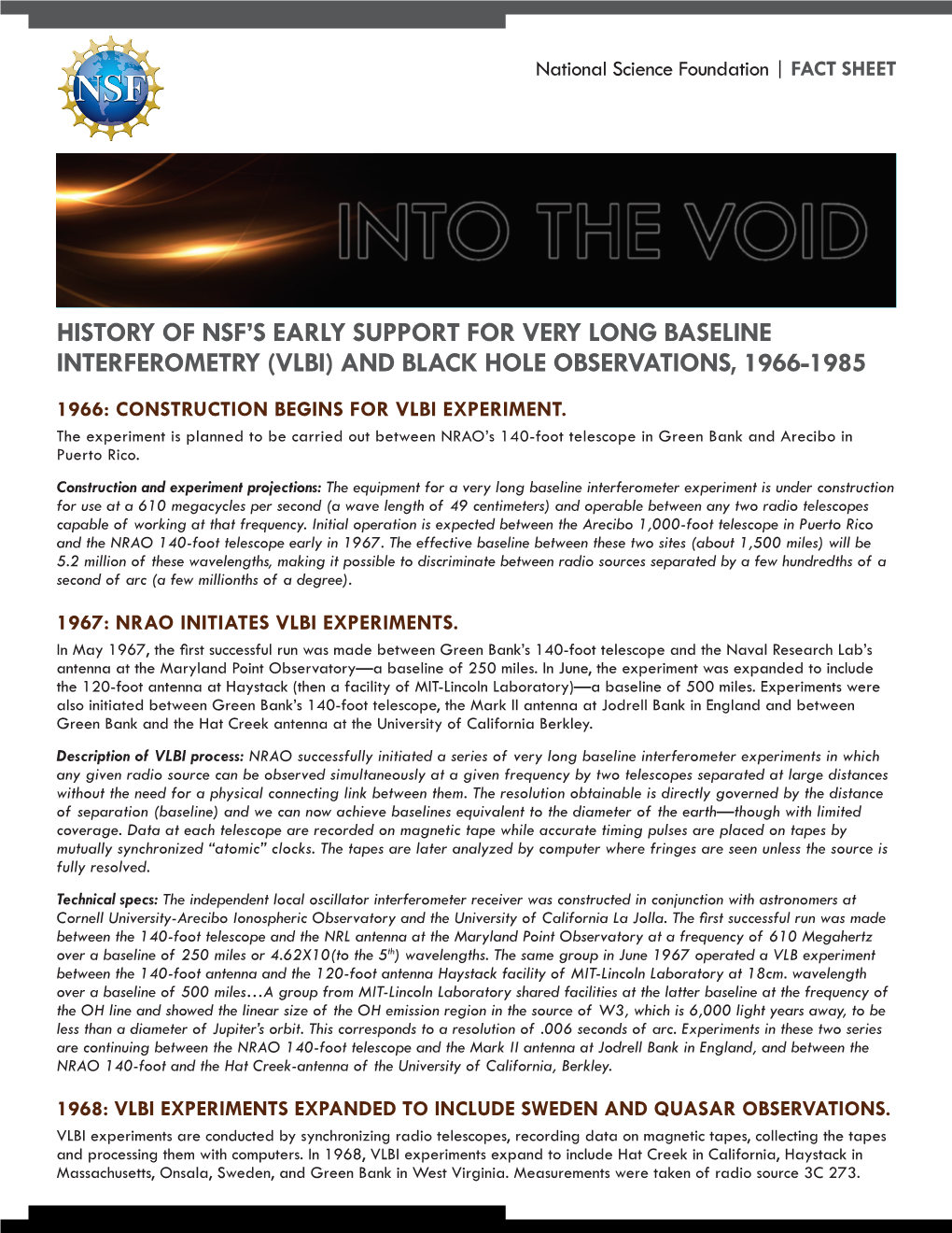 History of Nsf's Early Support for Very Long Baseline Interferometry (Vlbi)