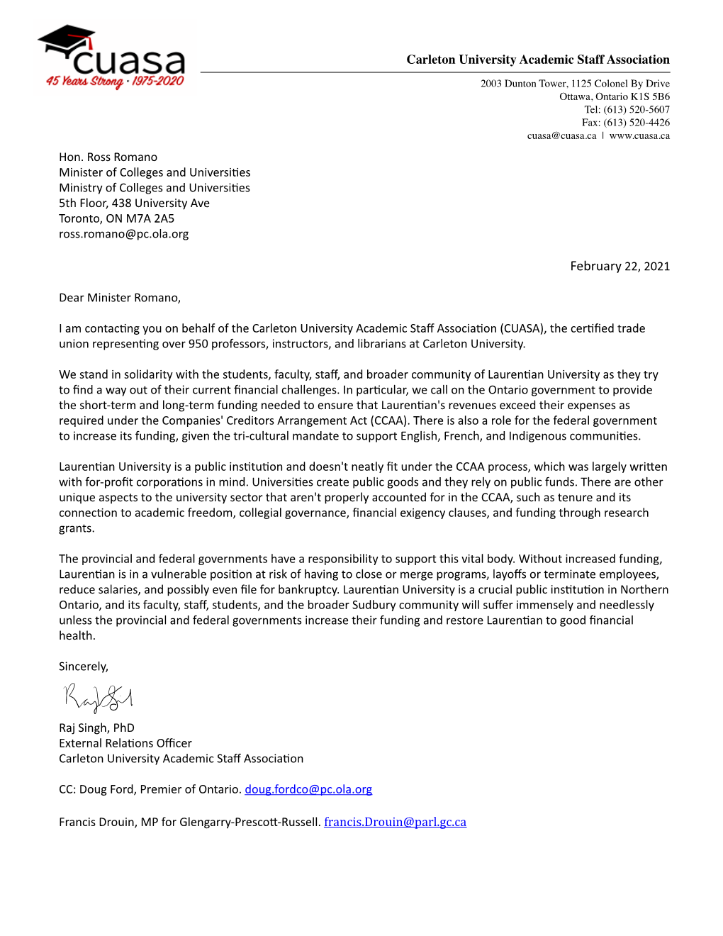 CUASA Letter Re. Laurentian University 22 Feb 2021
