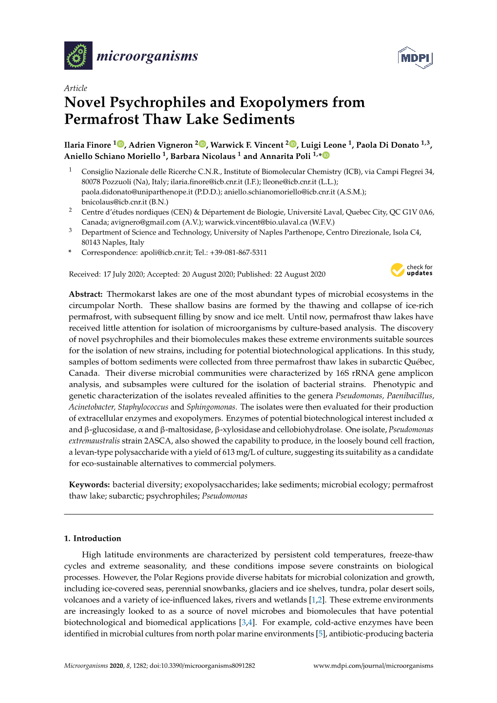 Novel Psychrophiles and Exopolymers from Permafrost Thaw Lake Sediments