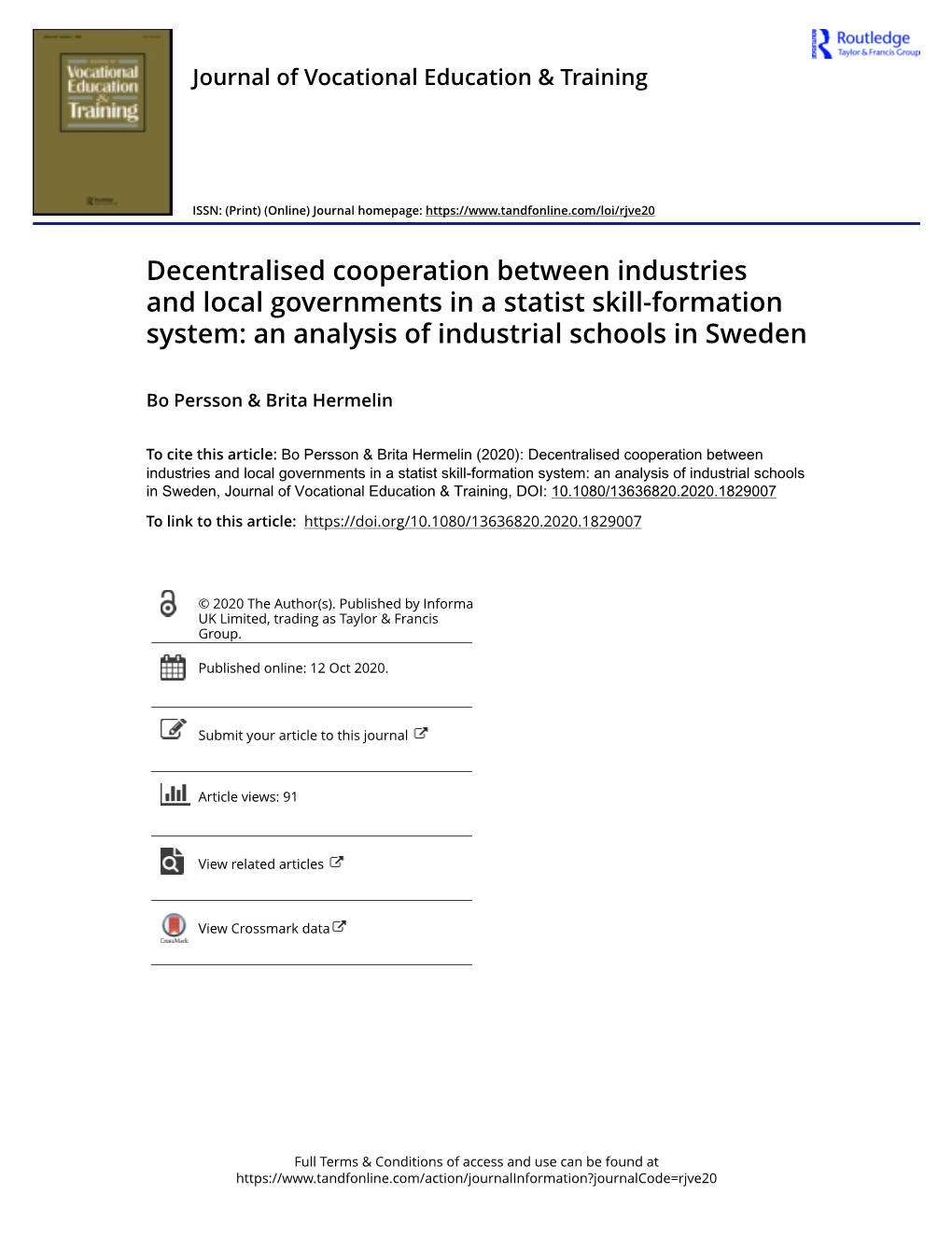 Decentralised Cooperation Between Industries and Local Governments in a Statist Skill-Formation System: an Analysis of Industrial Schools in Sweden