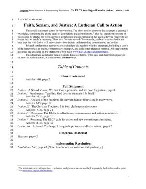 Faith, Sexism, and Justice: a Lutheran Call to Action Table of Contents
