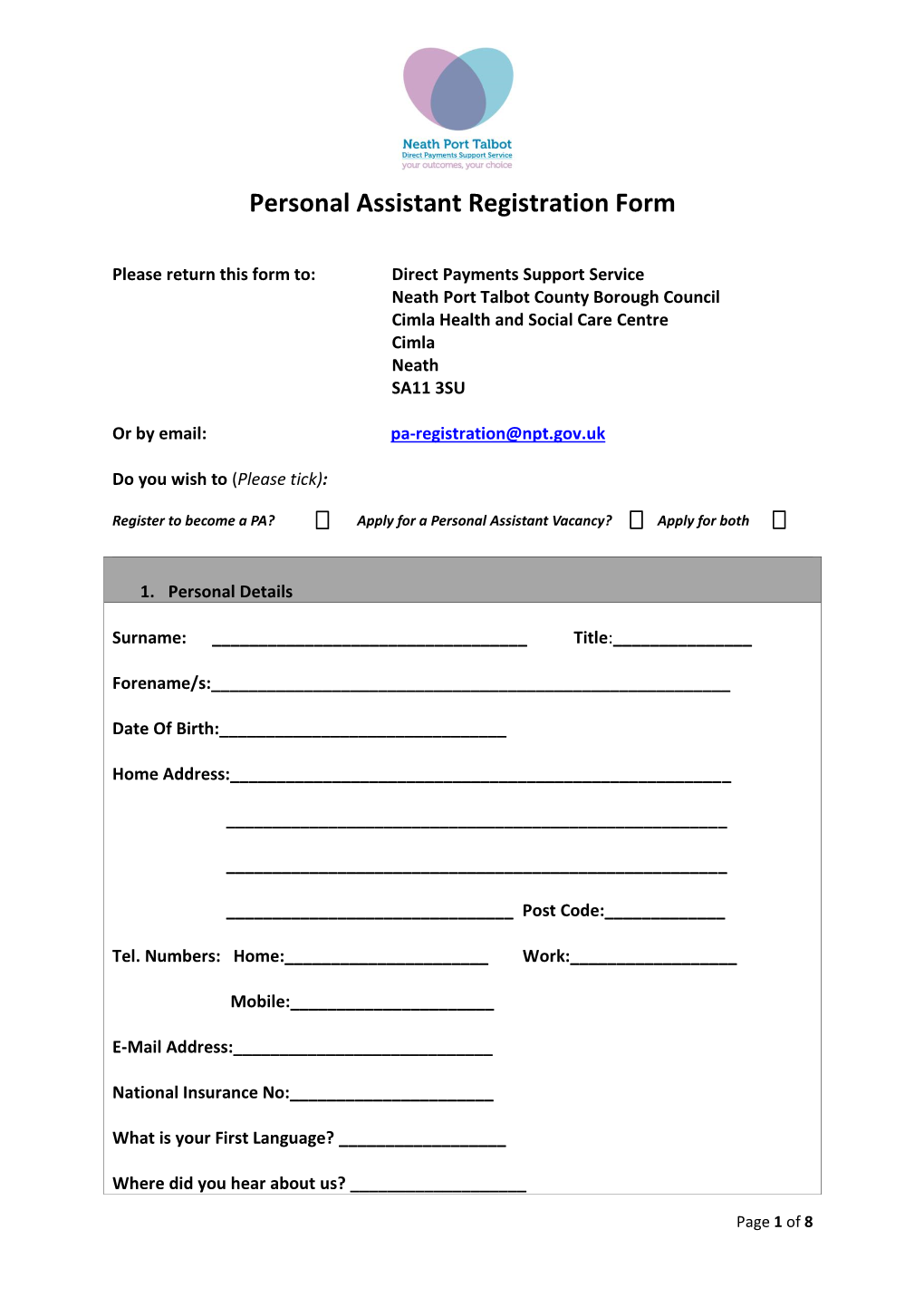 Personal Assistant Registration Form