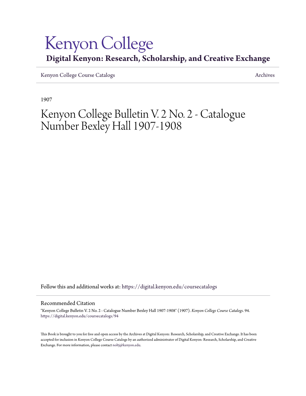 Kenyon College Bulletin V. 2 No. 2 - Catalogue Number Bexley Hall 1907-1908