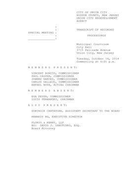 City of Union City Hudson County, New Jersey Union City Redevelopment Agency : : Transcript of Recorded Special Meeting