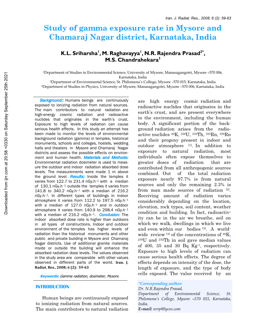 Study of Gamma Exposure Rate in Mysore and Chamaraj Nagar District, Karnataka, India