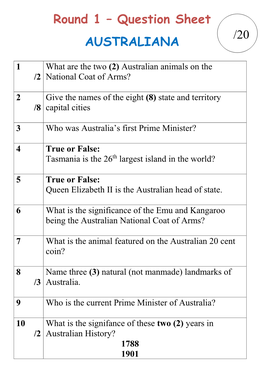 Round 1 – Question Sheet AUSTRALIANA