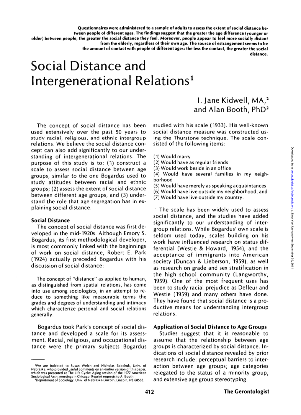 Social Distance and Intergenerational Relations1