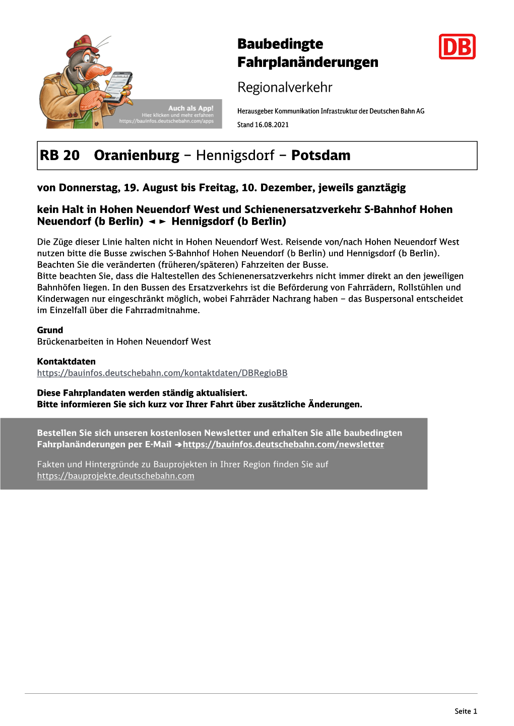 Baubedingte Fahrplanänderungen Regionalverkehr RB 20 Oranienburg