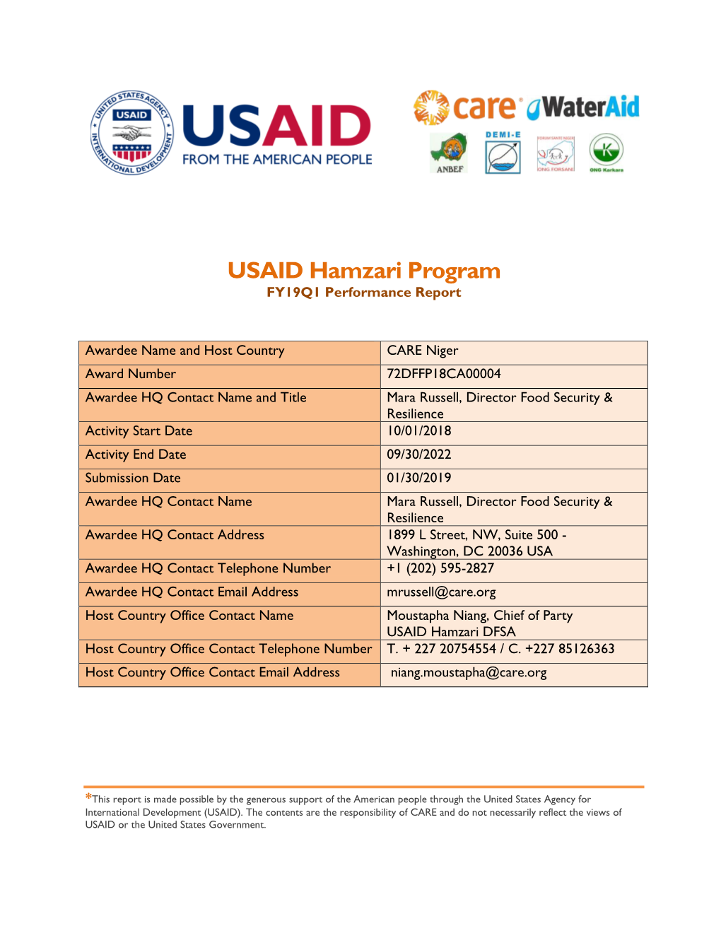 USAID Hamzari Program FY19Q1 Performance Report