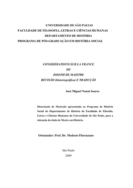 CONSIDÉRATIONS SUR LA FRANCE DE JOSEPH DE MAISTRE REVISÃO (Historiográfica) E TRADUÇÃO