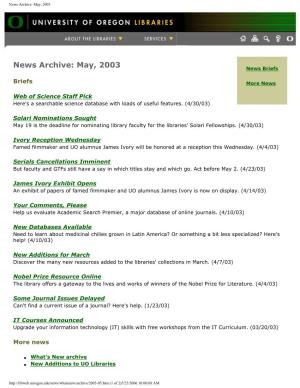 News Archive: May, 2003