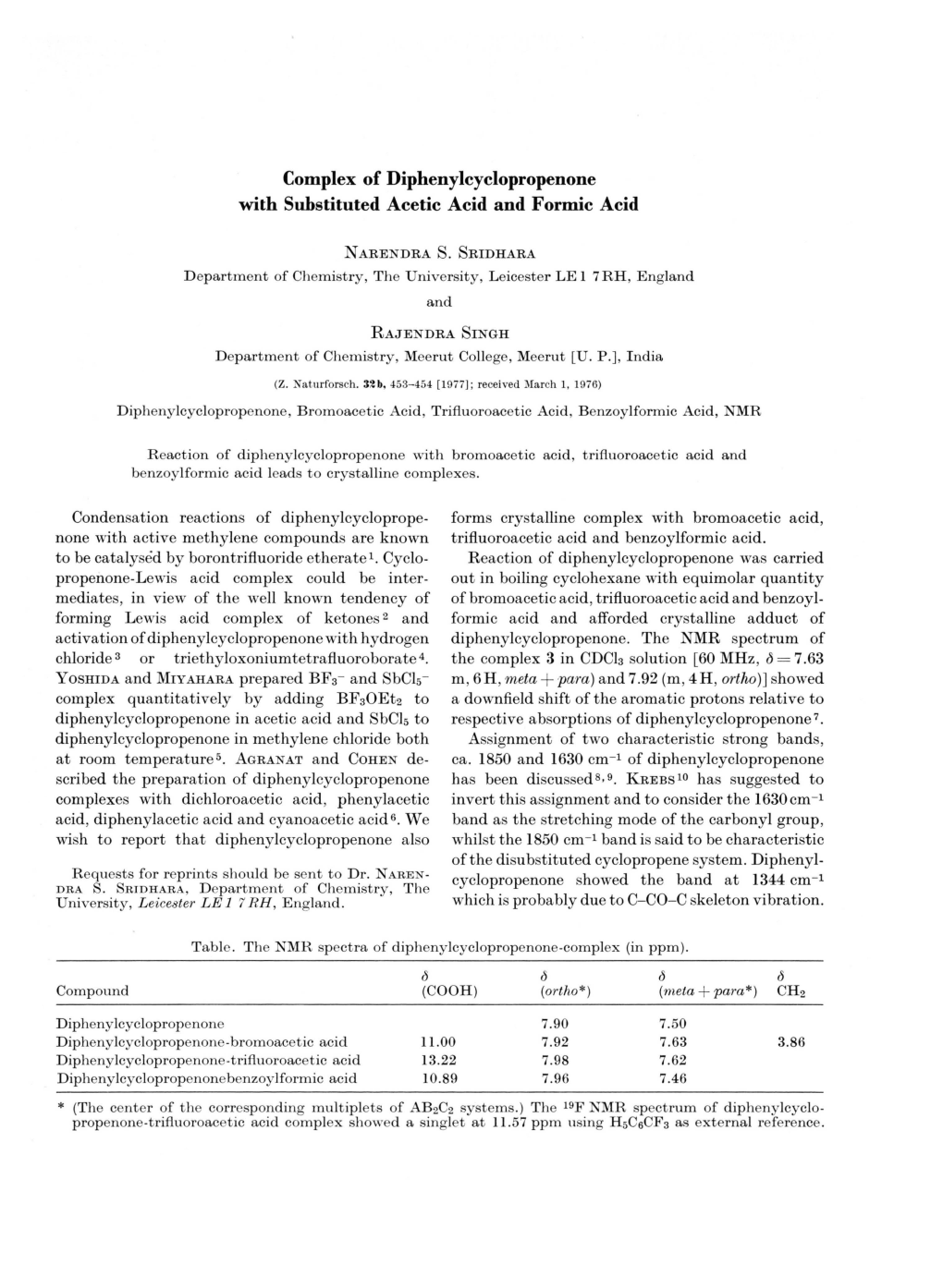 Complex of Diphenylcyclopropenone with Substituted Acetic Acid and Formic Acid