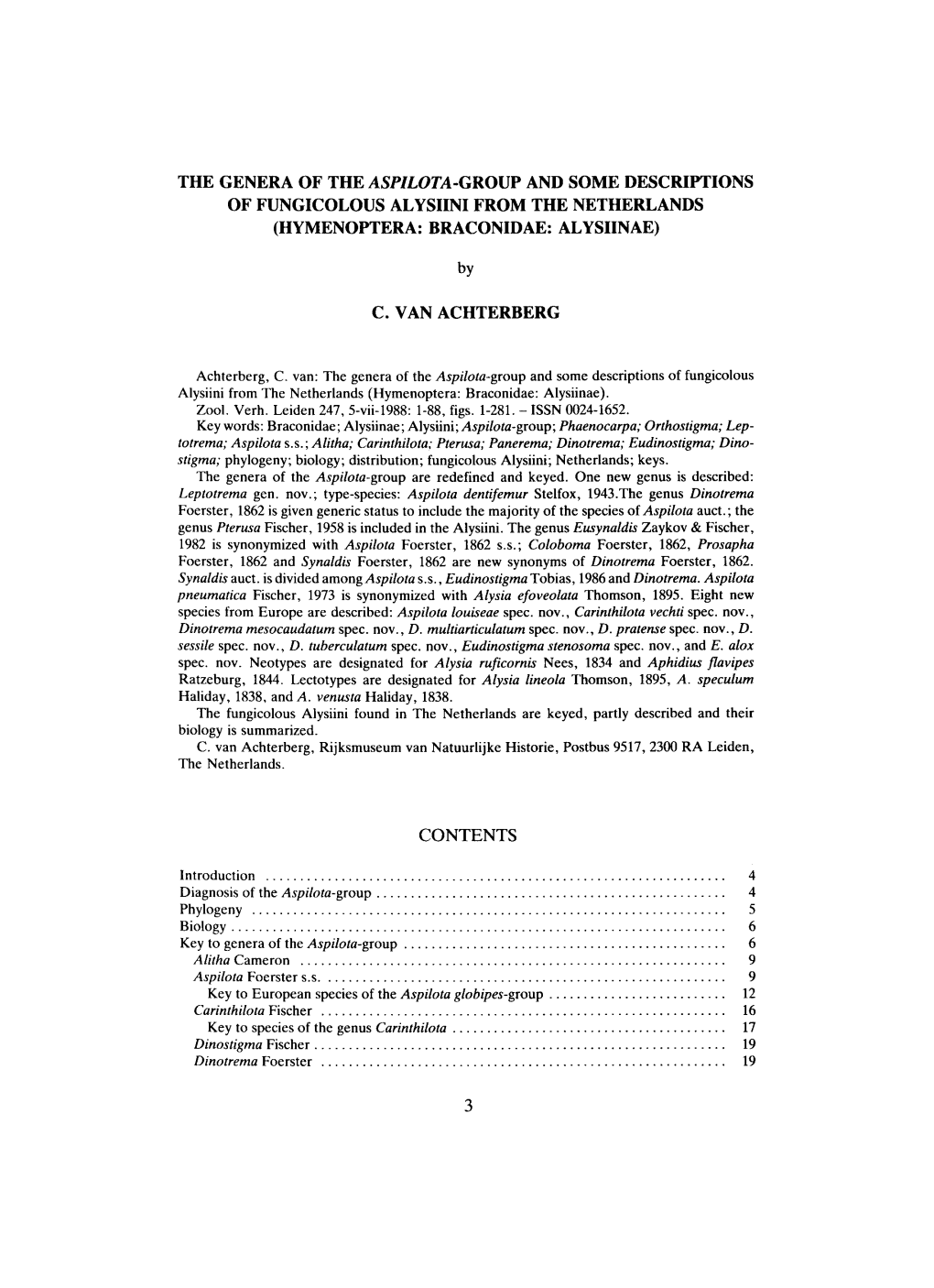 The Genera of the Aspilota-Group and Some Descriptions of Fungicolous Alysiini from the Netherlands (Hymenoptera: Braconidae: Alysiinae)