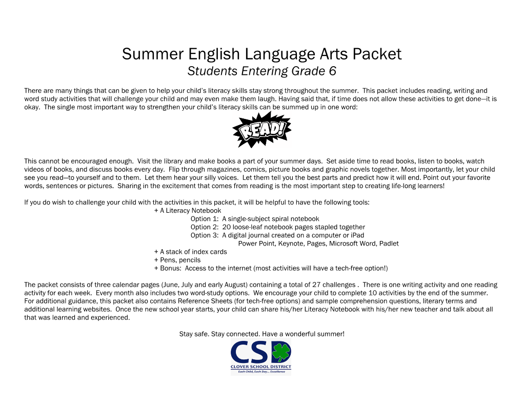 Summer English Language Arts Packet Students Entering Grade 6