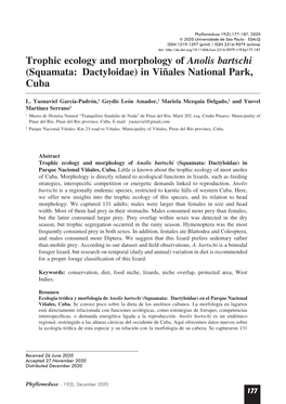 Trophic Ecology and Morphology of Anolis Bartschi (Squamata: Dactyloidae) in Viñales National Park, Cuba