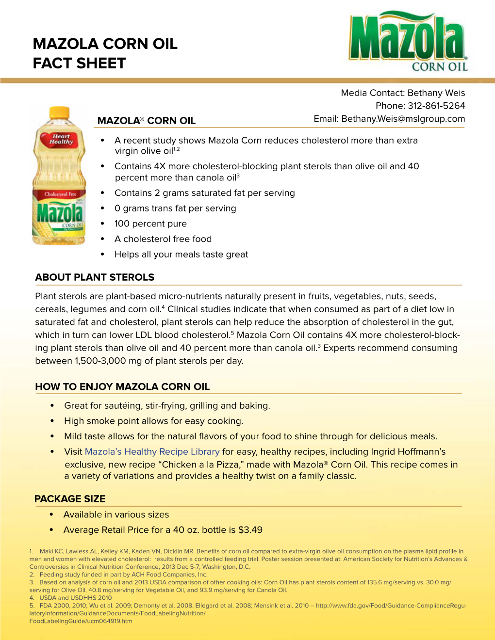 Mazola Corn Oil Fact Sheet