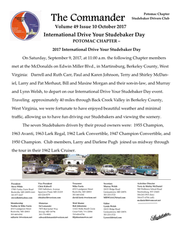 The Commander Studebaker Drivers Club Volume 49 Issue 10 October 2017 International Drive Your Studebaker Day POTOMAC CHAPTER –