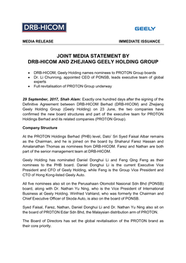 Joint Media Statement by Drb-Hicom and Zhejiang Geely Holding Group