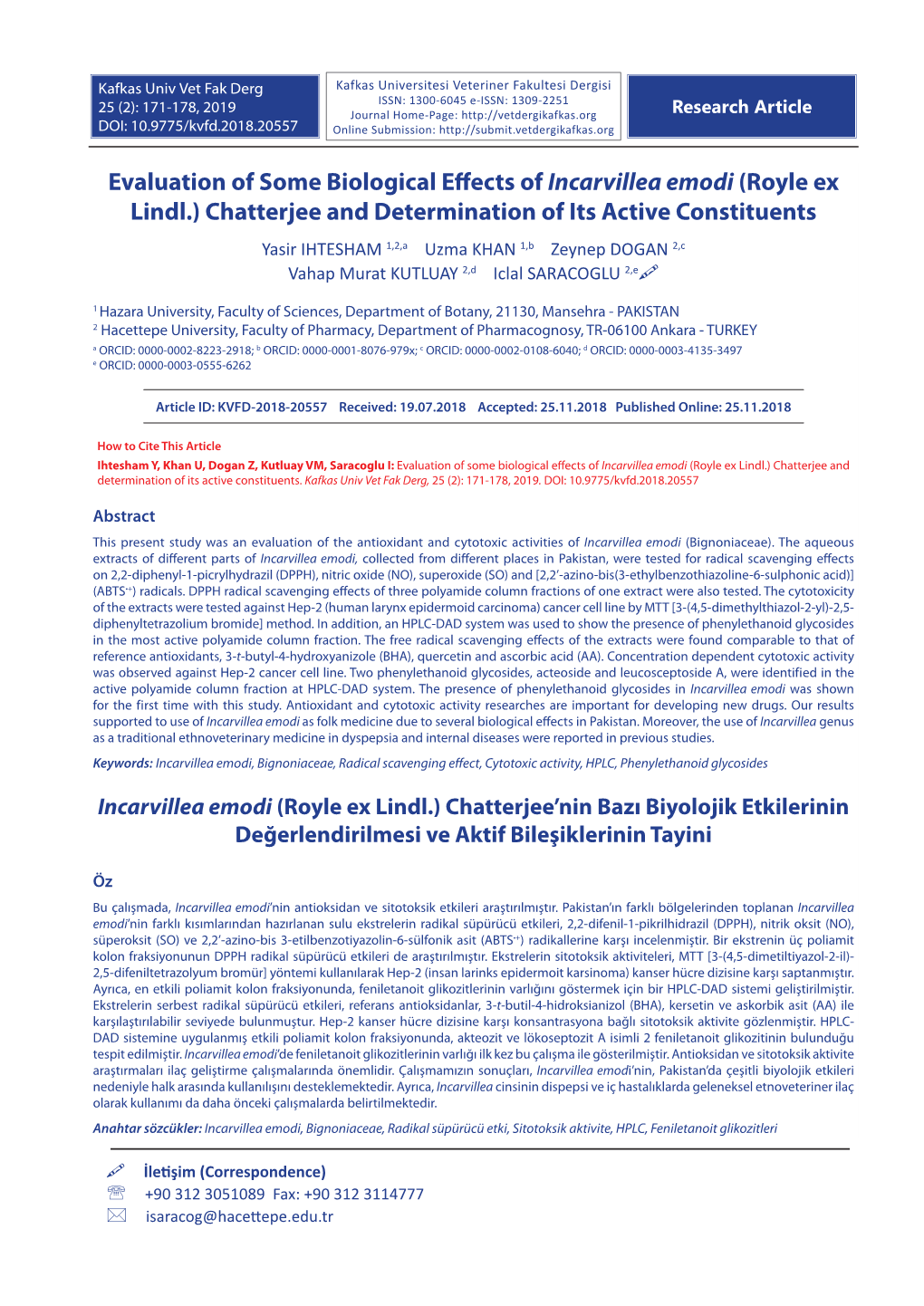 Evaluation of Some Biological Effects of Incarvillea Emodi (Royle Ex Lindl