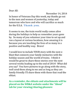 November 14, 2014 in Honor of Veterans Day This Week, My Thanks