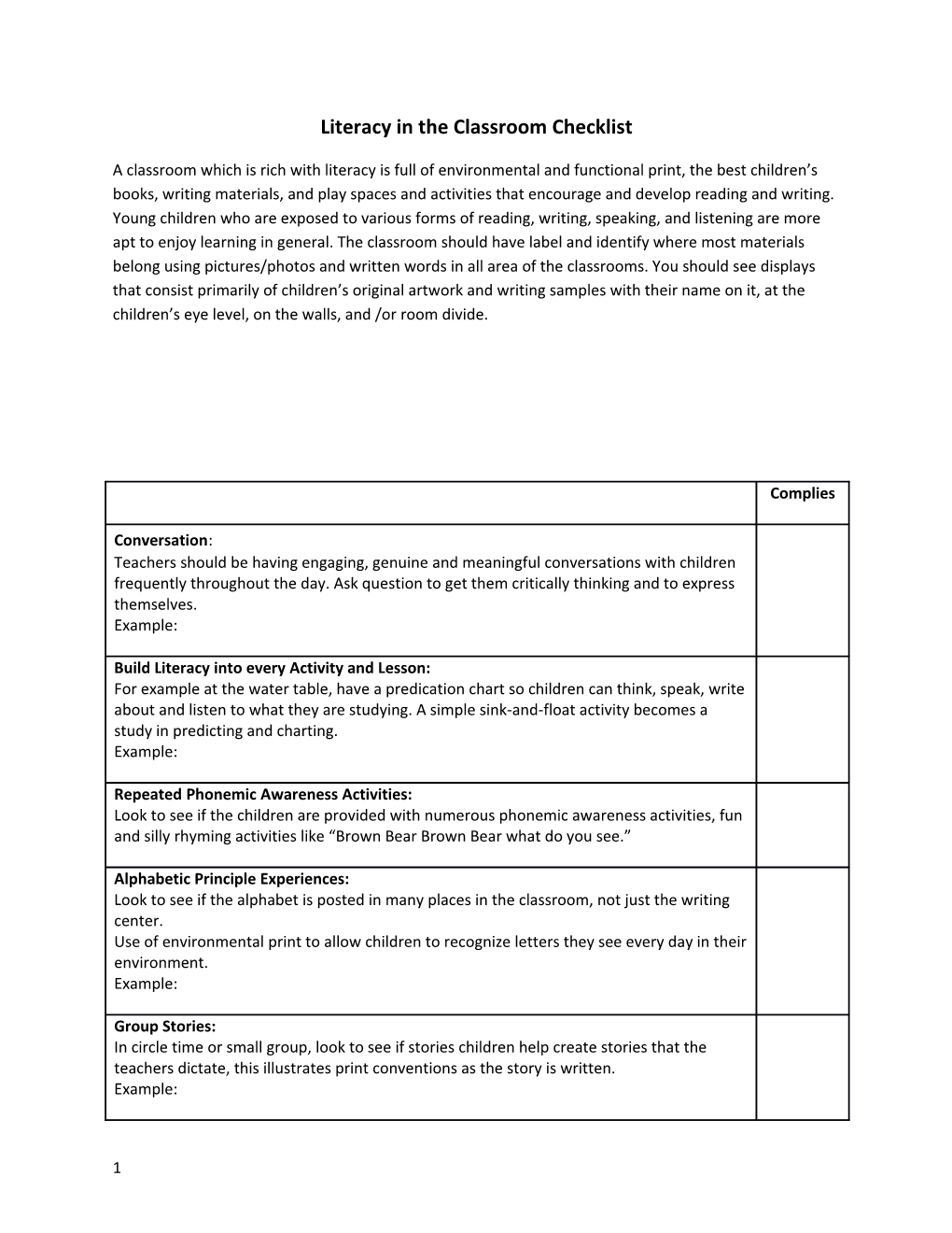 Literacy in the Classroom Checklist