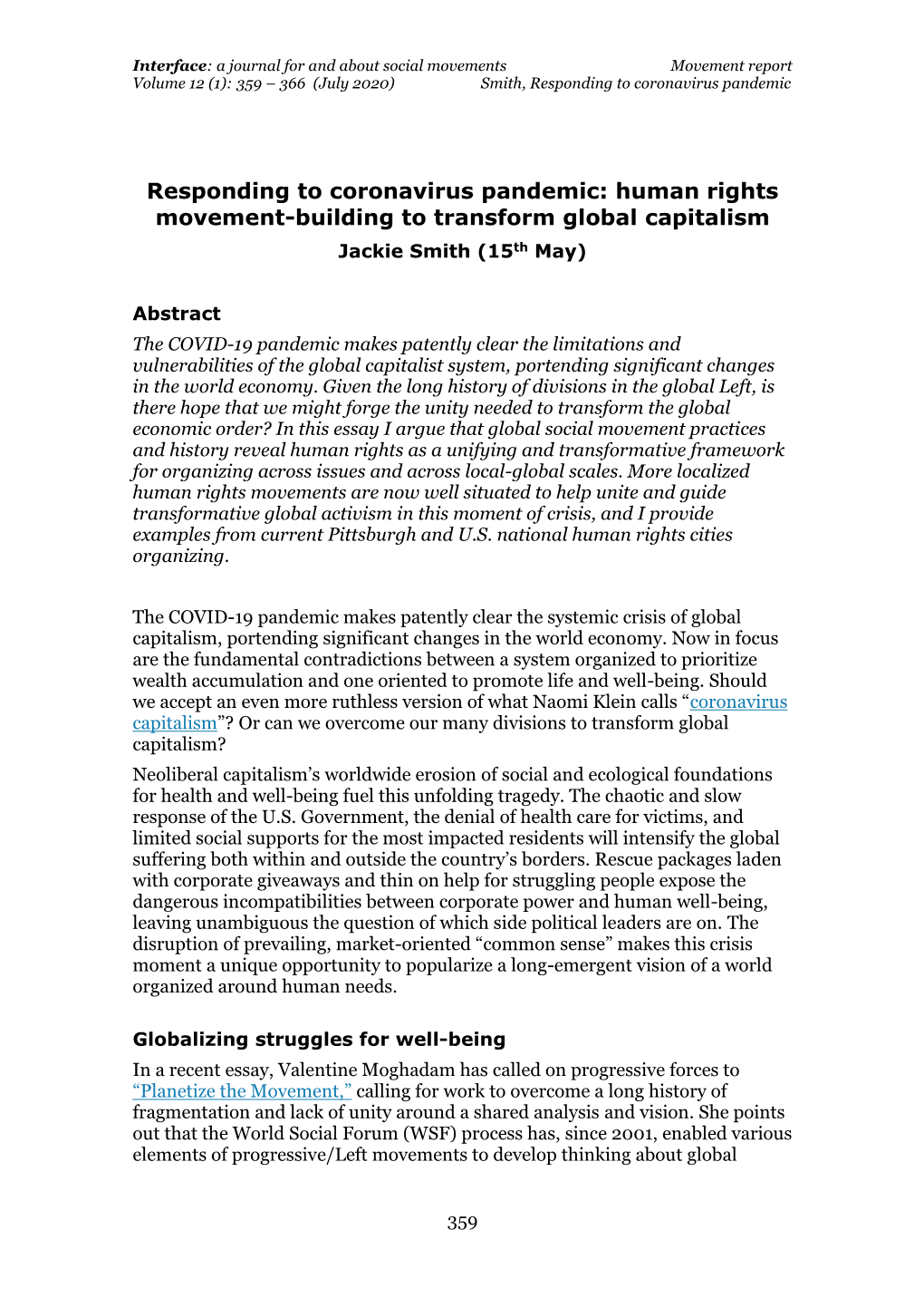 Human Rights Movement-Building to Transform Global Capitalism Jackie Smith (15Th May)