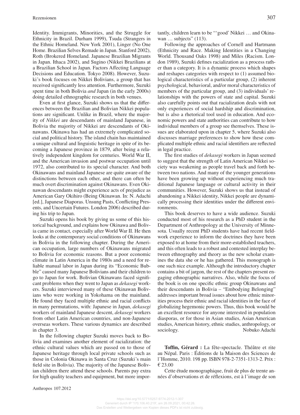 Identity. Immigrants, Minorities, and the Struggle for Ethnicity in Brazil. Durham 1999), Tsuda T