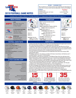 2019 FOOTBALL GAME NOTES Bulldogs Or ‘Dogs Dawgs Louisiana Tech Vs