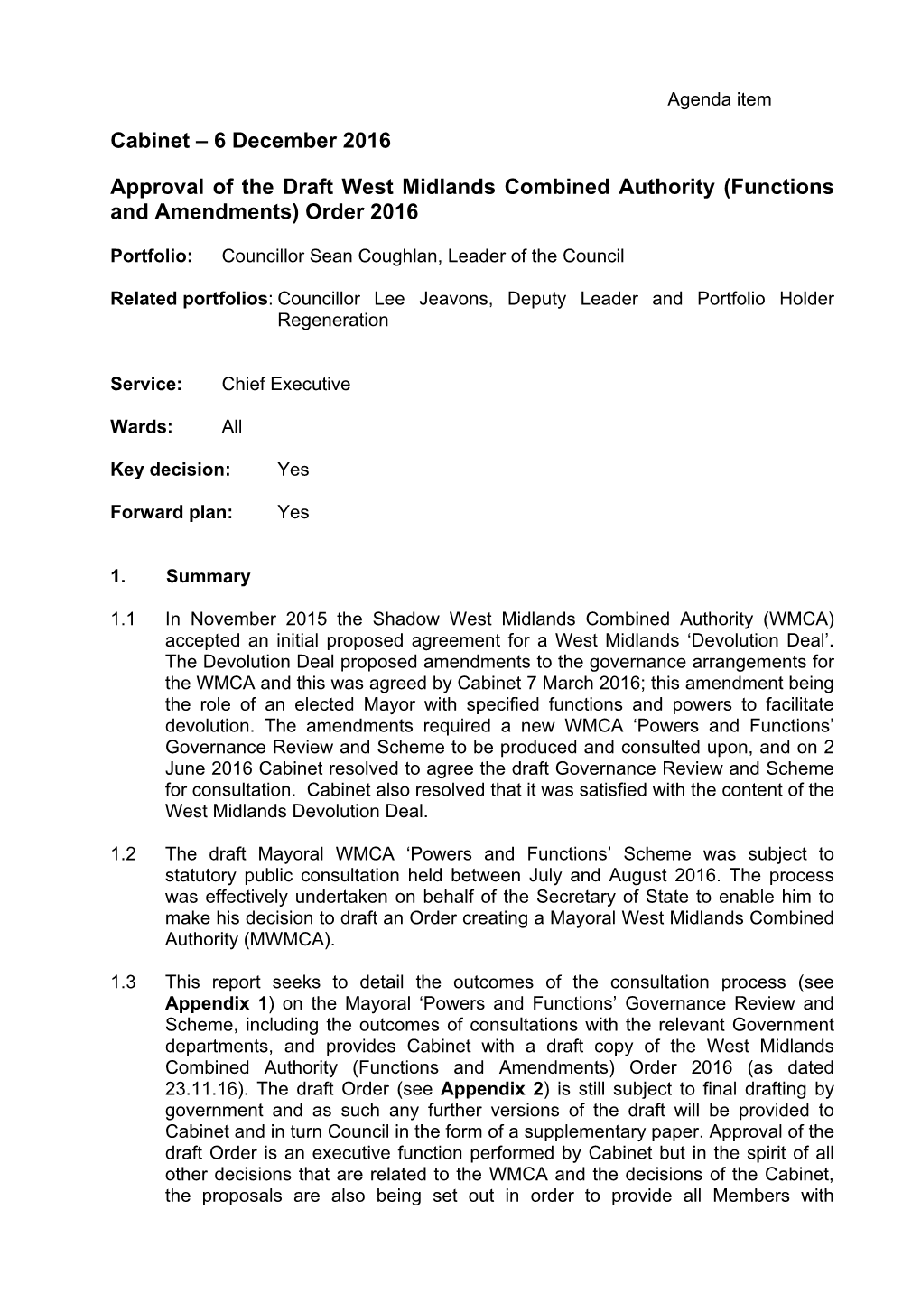 6 December 2016 Approval of the Draft West Midlands Combined