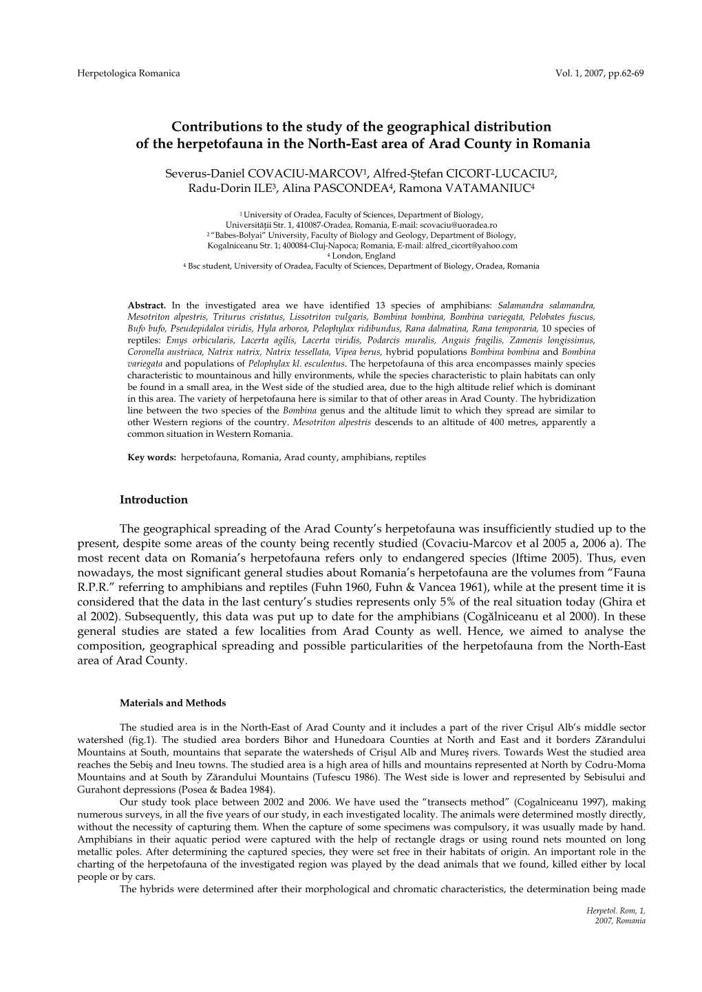 Contributions to the Study of the Geographical Distribution of the Herpetofauna in the North-East Area of Arad County in Romania