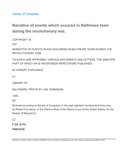 Narrative of Events Which Occured in Baltimore Town During the Revolutionary War