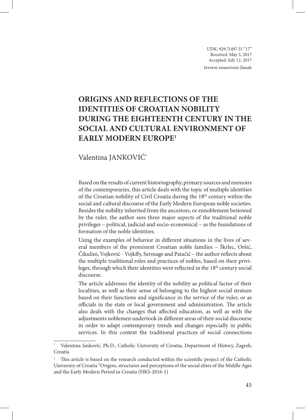 Origins and Reflections of the Identities of Croatian Nobility During the Eighteenth Century in the Social and Cultural Environment of Early Modern Europe1