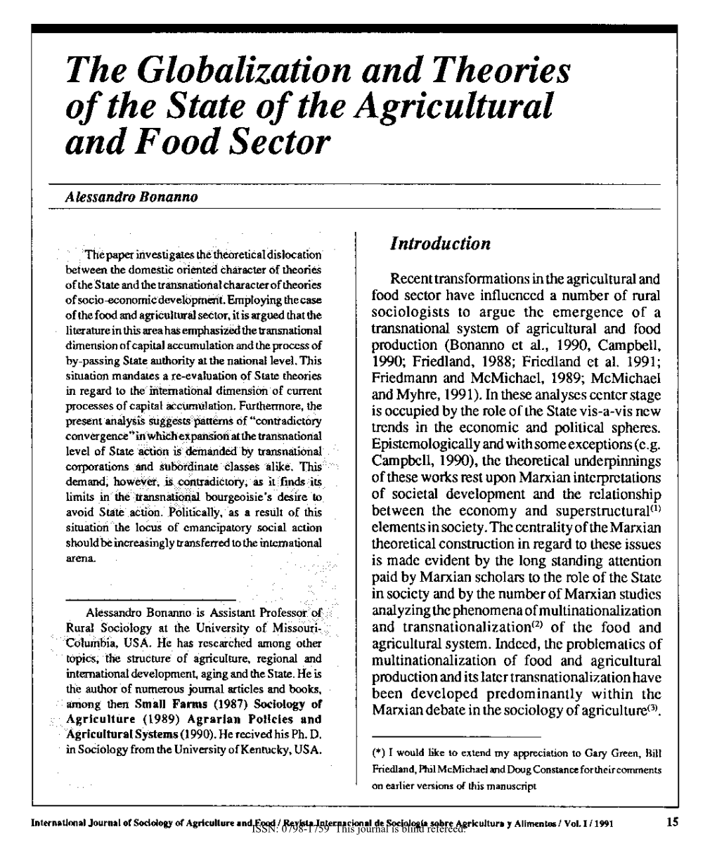 The Globalization and Theories of the State of the Agricultural and Food Sector