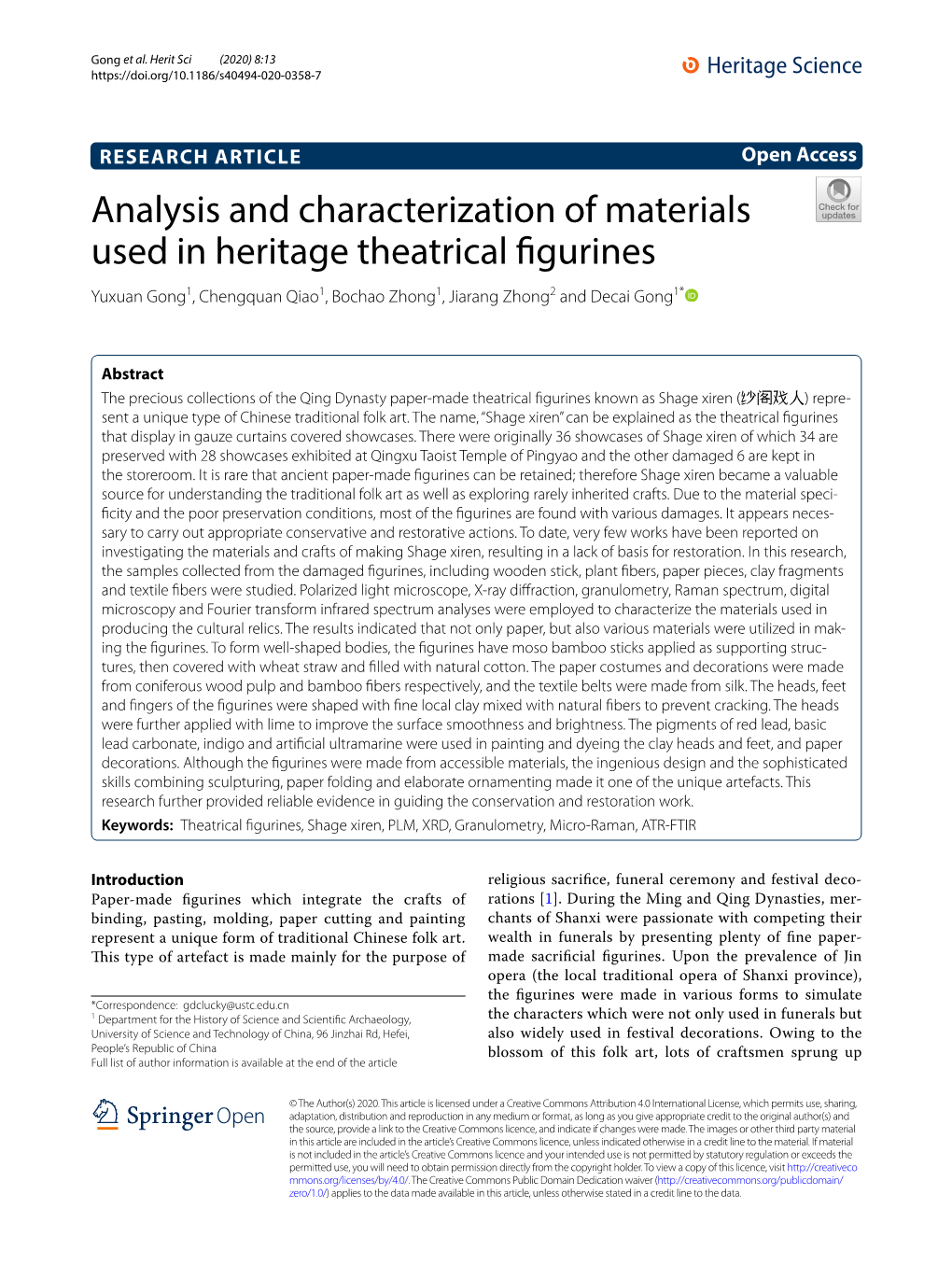 Analysis and Characterization of Materials Used in Heritage Theatrical Fgurines Yuxuan Gong1, Chengquan Qiao1, Bochao Zhong1, Jiarang Zhong2 and Decai Gong1*