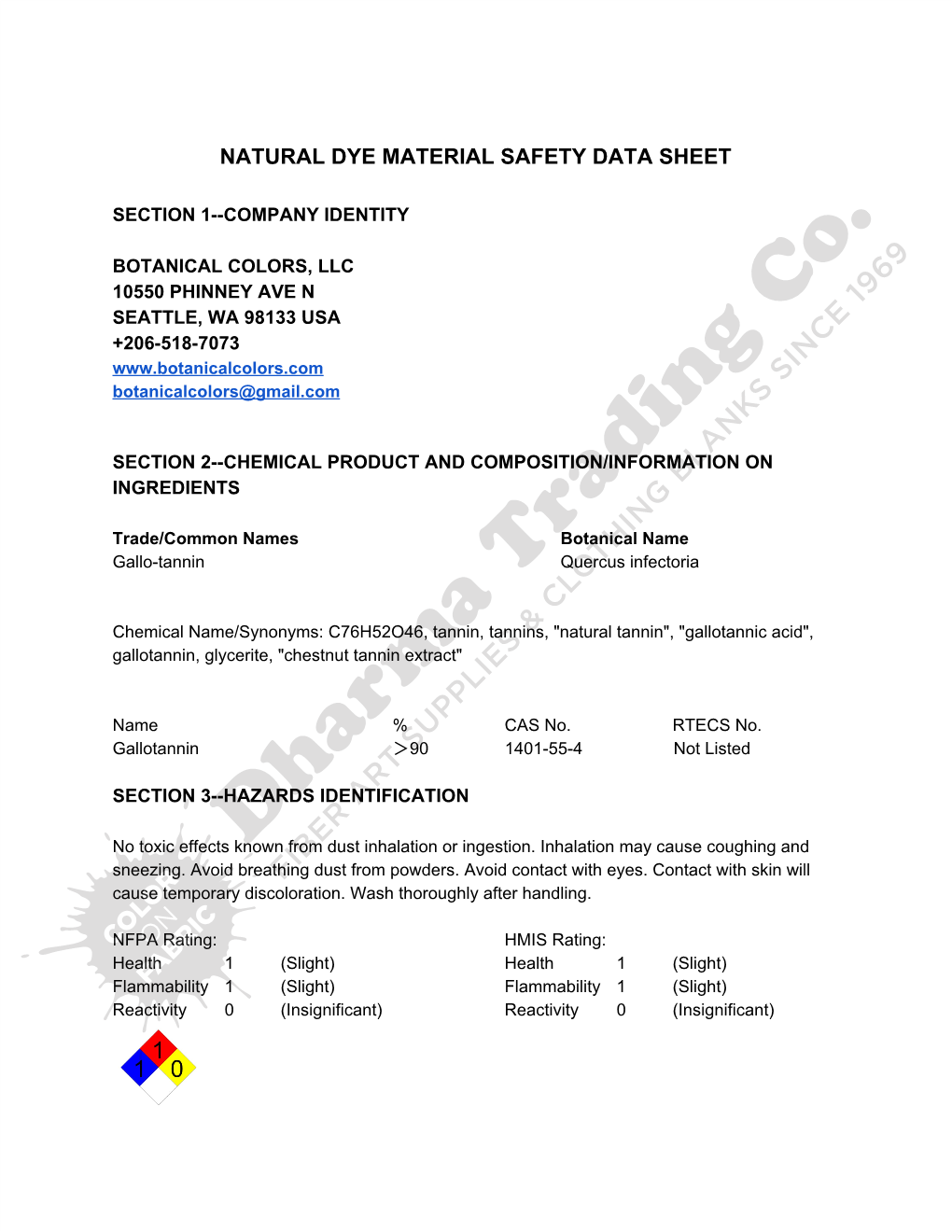 Natural Dye Material Safety Data Sheet