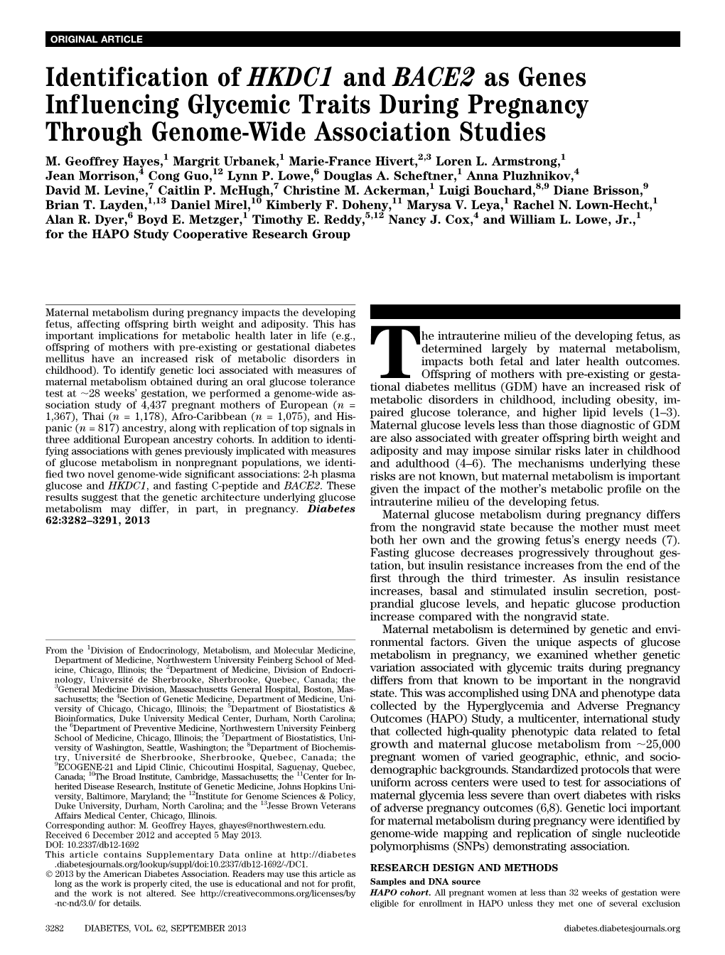 Identification of HKDC1 and BACE2 As Genes Influencing Glycemic Traits During Pregnancy Through Genome-Wide Association Studies M