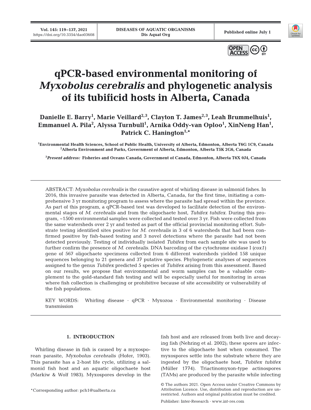 Qpcr-Based Environmental Monitoring of Myxobolus Cerebralis and Phylogenetic Analysis of Its Tubificid Hosts in Alberta, Canada