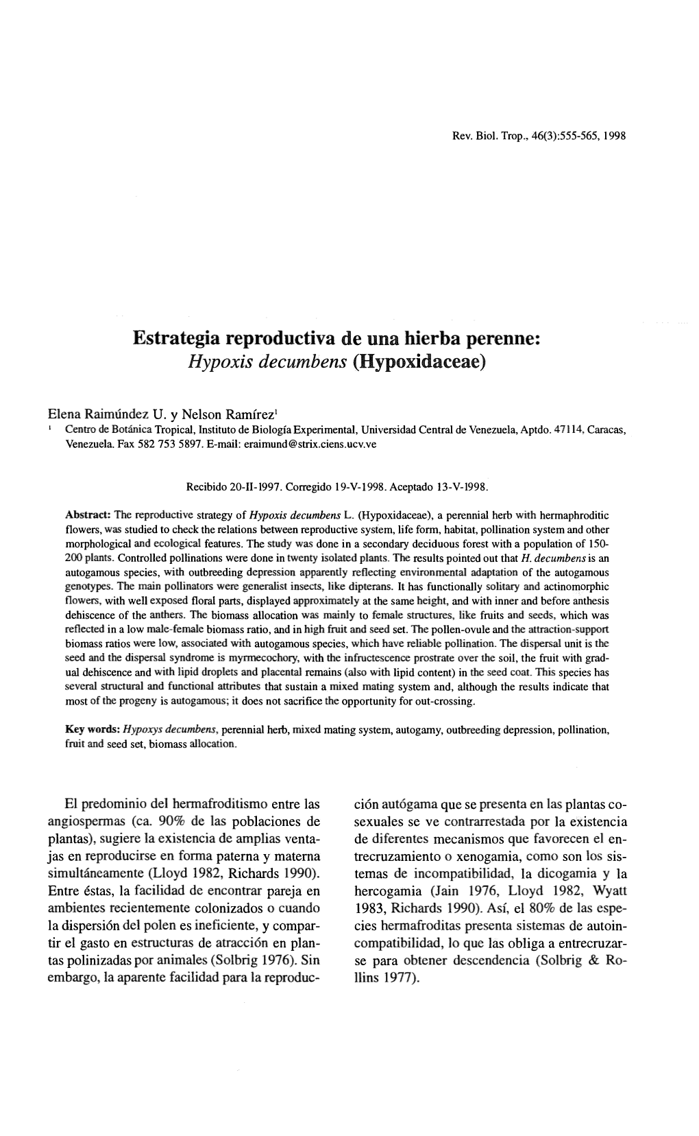 Estrategia Reproductiva De Una Hierba Perenne: Hypoxis Decumbens (Hypoxidaceae)