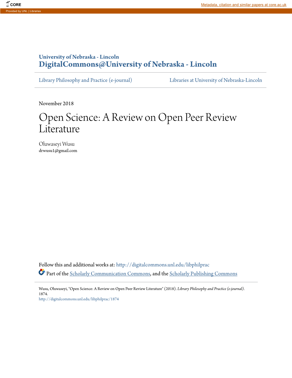 A Review on Open Peer Review Literature Oluwaseyi Wusu Drwusu1@Gmail.Com