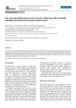 The Australian Feather-Duster Worm Laonome Calida Capa, 2007 (Annelida: Sabellidae) Introduced Into European Inland Waters?