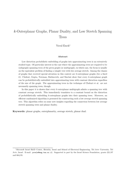 K-Outerplanar Graphs, Planar Duality, and Low Stretch Spanning Trees
