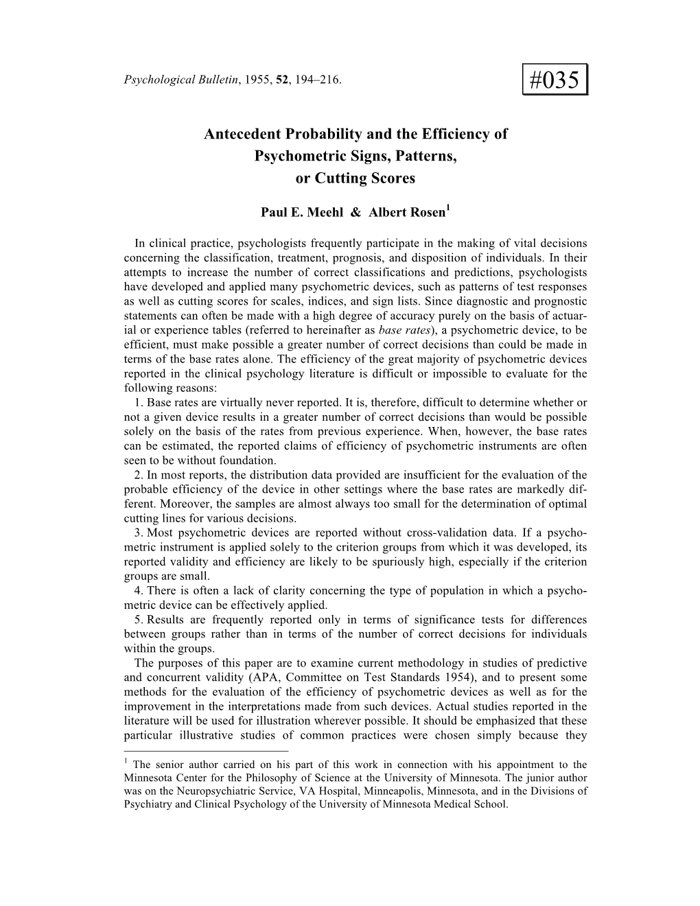 Antecedent Probability and the Efficiency of Psychometric Signs, Patterns, Or Cutting Scores