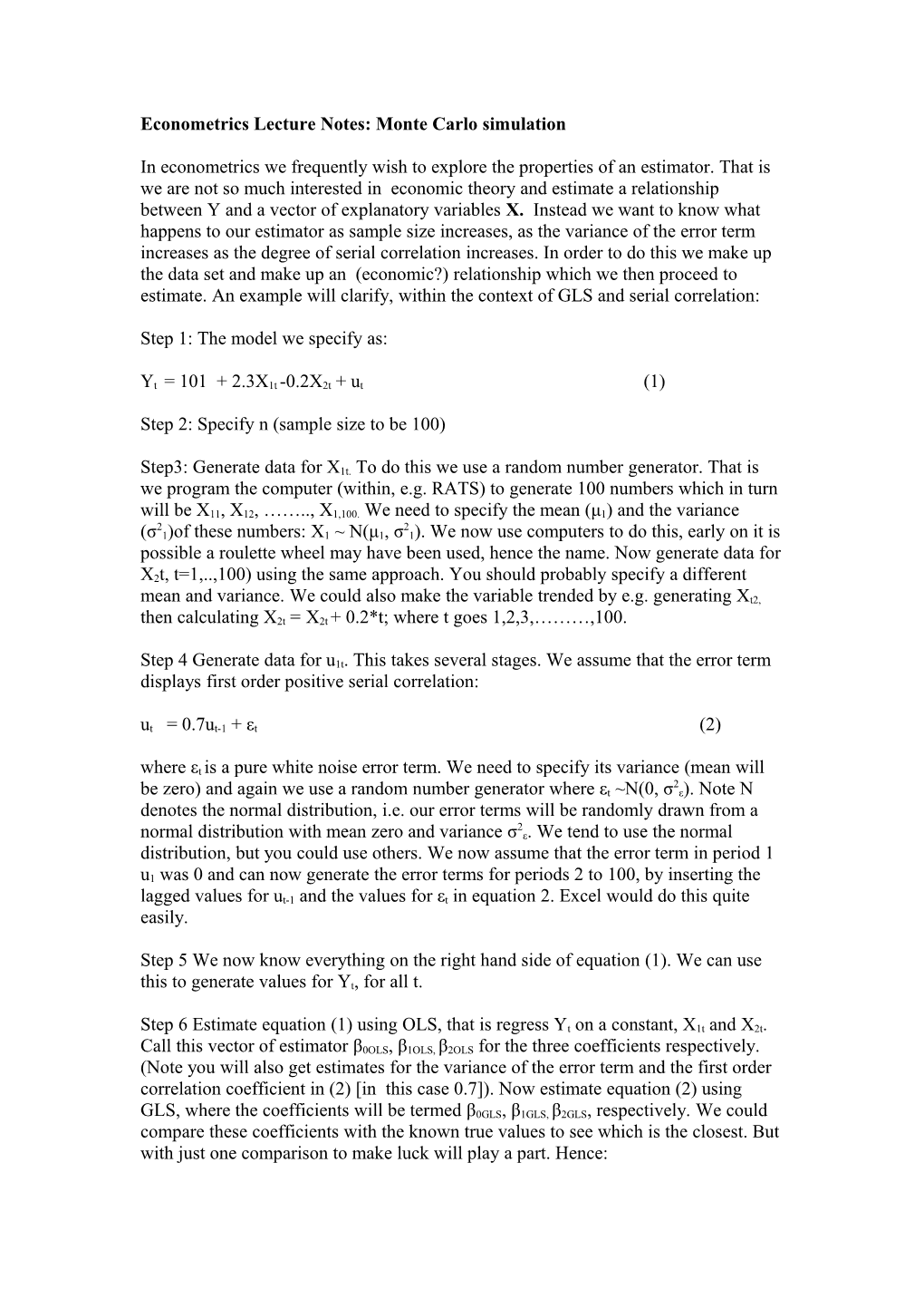 Econometrics Lecture Notes: Monte Carlo Simulation 1