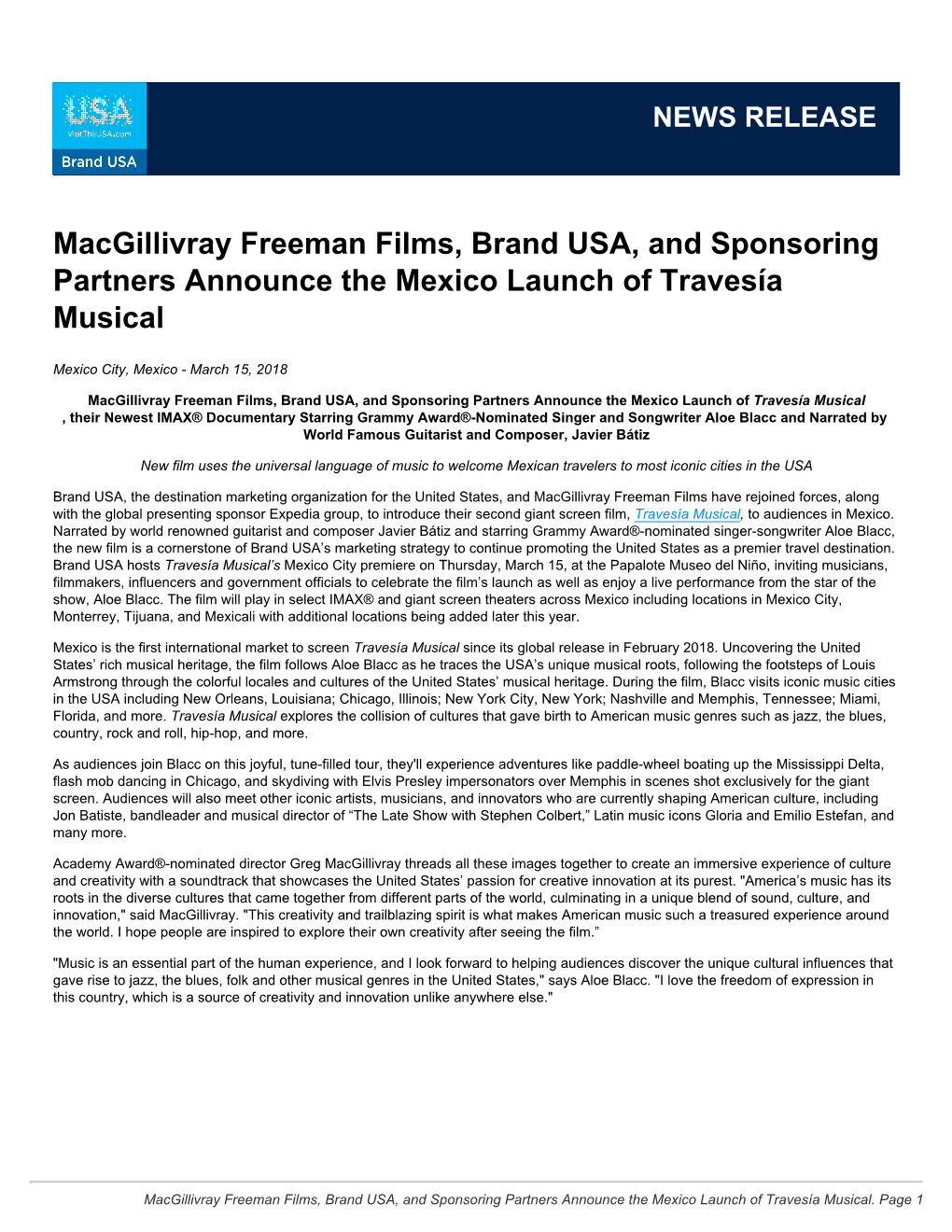 Macgillivray Freeman Films, Brand USA, and Sponsoring Partners Announce the Mexico Launch of Travesía Musical