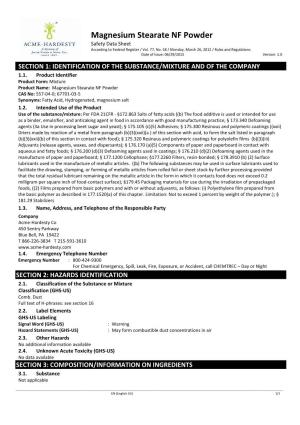 Magnesium Stearate NF Powder Safety Data Sheet According to Federal Register / Vol