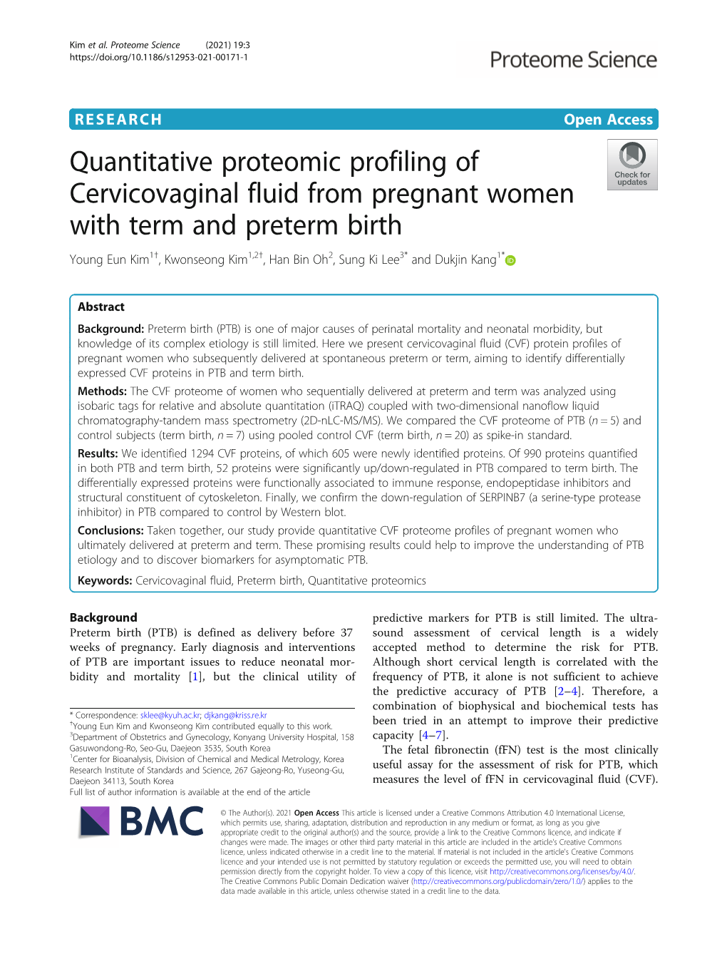 Quantitative Proteomic Profiling of Cervicovaginal Fluid from Pregnant Women with Term and Preterm Birth