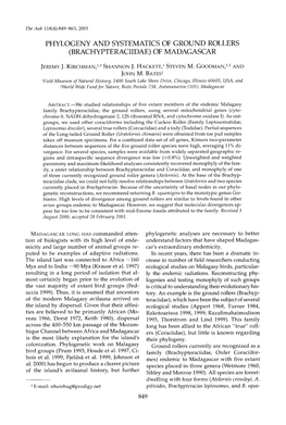 PHYLOGENY and SYSTEMATICS of GROUND ROLLERS &Lpar