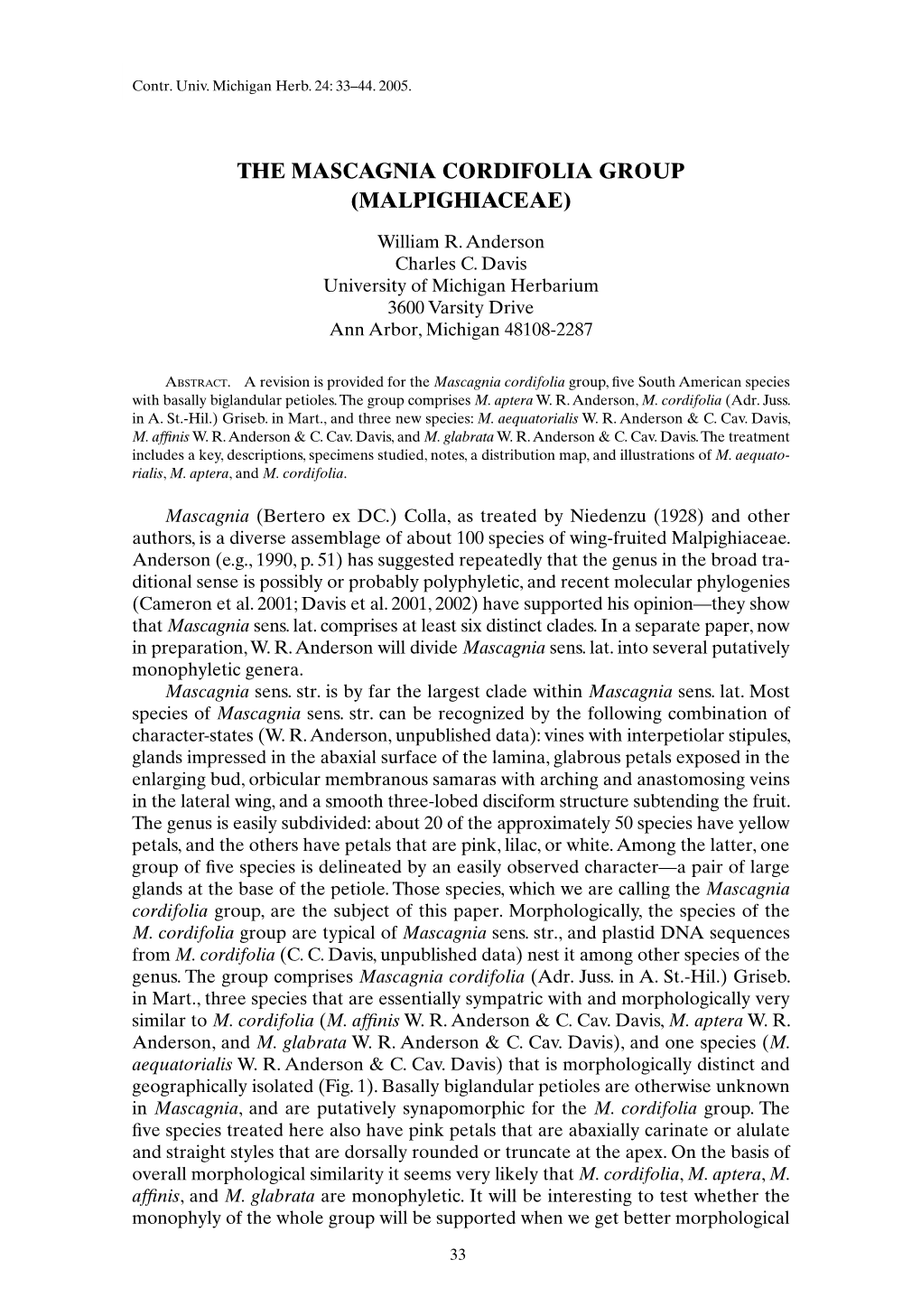 The Mascagnia Cordifolia Group (Malpighiaceae)